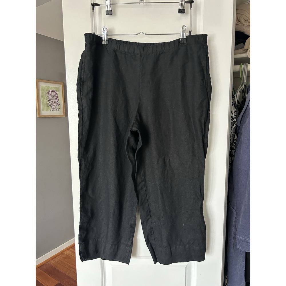 J.Jill Love Linen Wide Leg Crop Pants Black Pull On Size Medium Petite Lagenlook